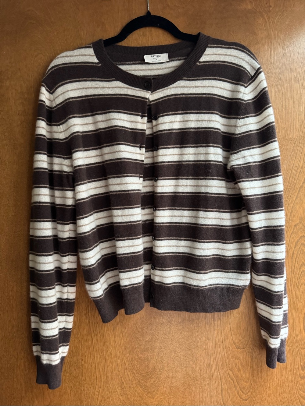 Aritzia Cashmere Brown & Cream Striped Button-Up Sweater